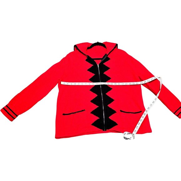 Handmade Red & Black Knit Hooded Cardigan With Zigzag Design & Front Zipper Clos - Picture 8 of 8